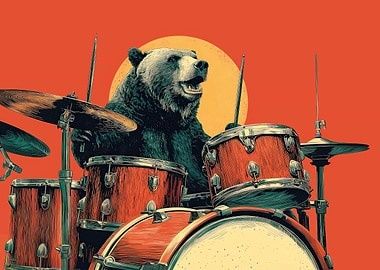 Bär sitzt hinter einem roten Schlagzeug vor orangefarbenem Hintergrund